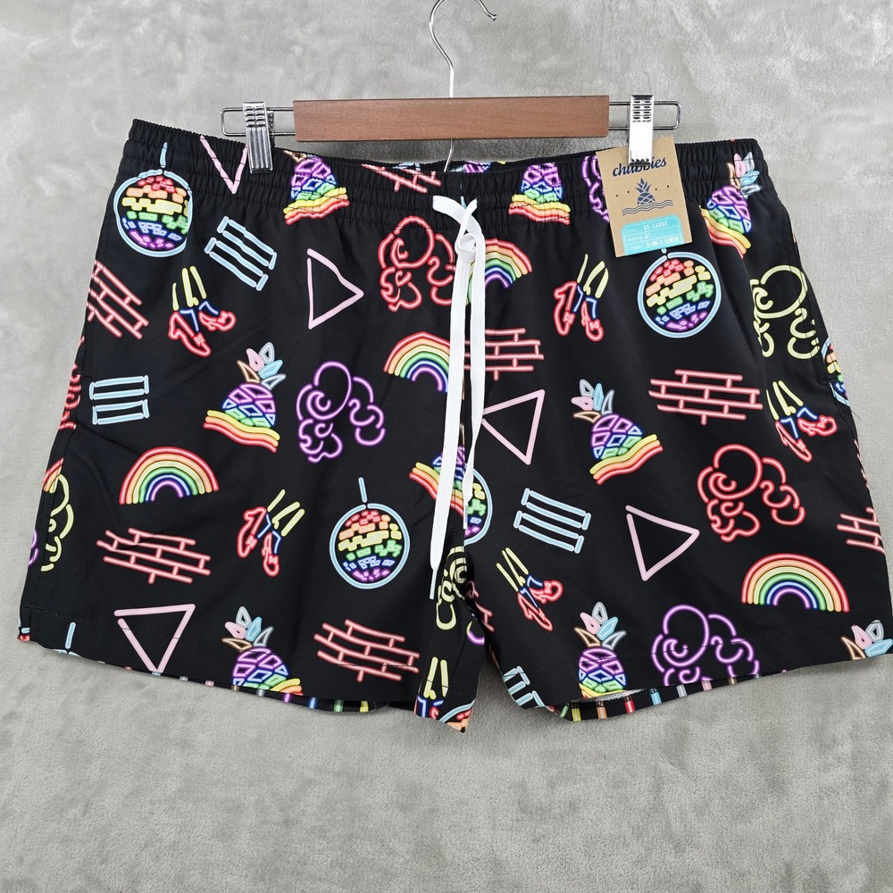 Chubbies Swim Trunks Mens XXL Black Neon Pride 4" Inseam 2-in-1 Liner NWT
